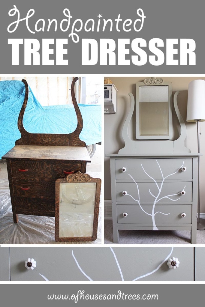 Handpainted Tree Dresser | Before and after of a DIY furniture refinishing project featuring a dresser with a handpainted tree.