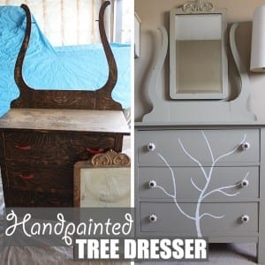 Handpainted Tree Dresser by Of Houses and Trees | Before and after of a DIY furniture refinishing project featuring a dresser with a handpainted tree.
