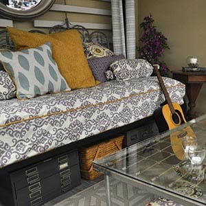 A bohemian home decor style living room.