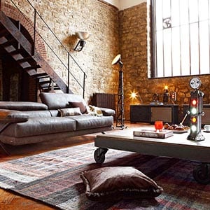 An industrial home decor style living room.