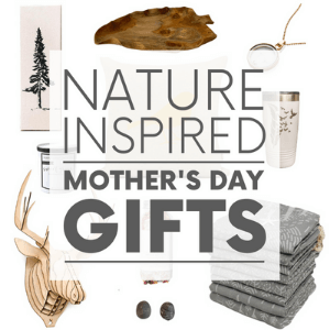 Various gifts such as a wooden bowl and a necklace on a white background with the words "nature inspired mother's day gifts." Click to visit post.