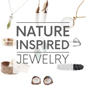 Nine different pieces of jewelry - such as leaf earrings and a tree bark bracelet, with the words nature inspired jewelry." Click to visit post.