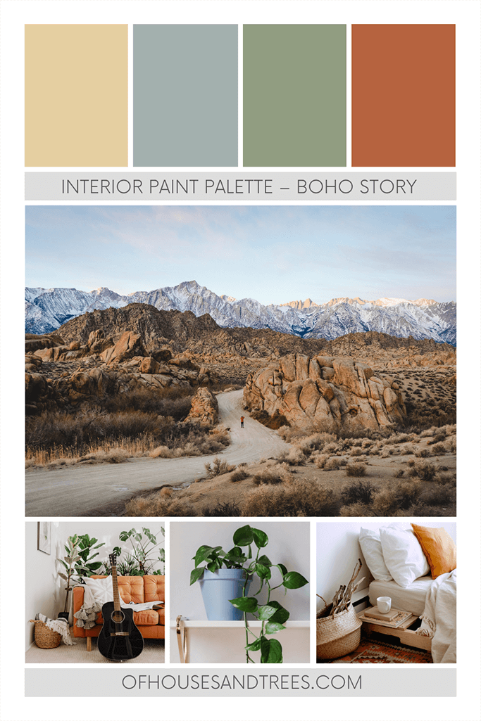 Four paint colours - a creamy yellow, a soft blue, a medium green and a dark red along with photos of the mountains, a various interior spaces. Click to visit purchase page.