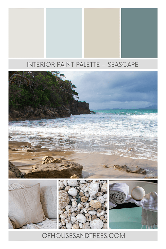 Four paint colours - an off-white, a light blue, a beige and a dark teal along with photos of the ocean, a linen pillow, rocks and a relaxing bathroom scene.