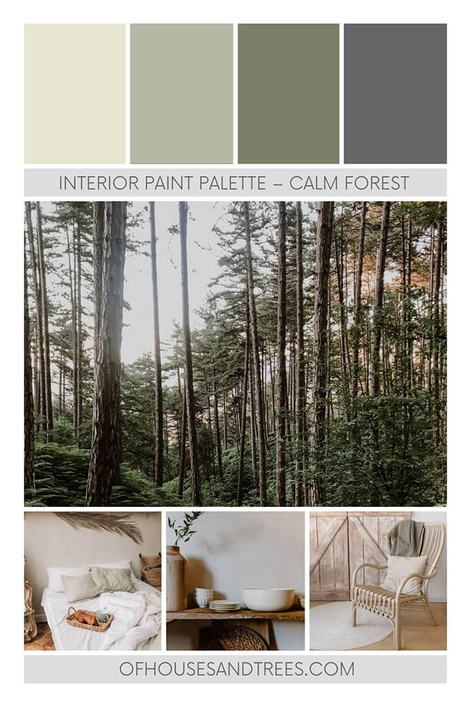 Four paint colours - an off-white, a light green, a dark green and a dark grey along with photos of a forest, a cozy bedroom, handmade pottery and a woven chair. 