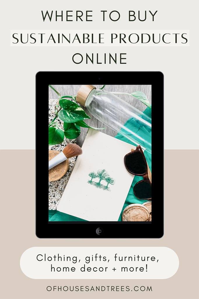 A tablet with an image on it that includes a book, a water bottle, sunglasses and makeup with text where to buy sustainable products online.