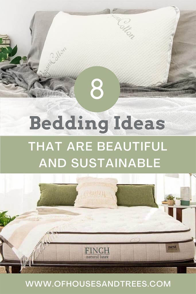 Two bright and simple bedrooms with text 8 bedding ideas that are simple and sustainable.