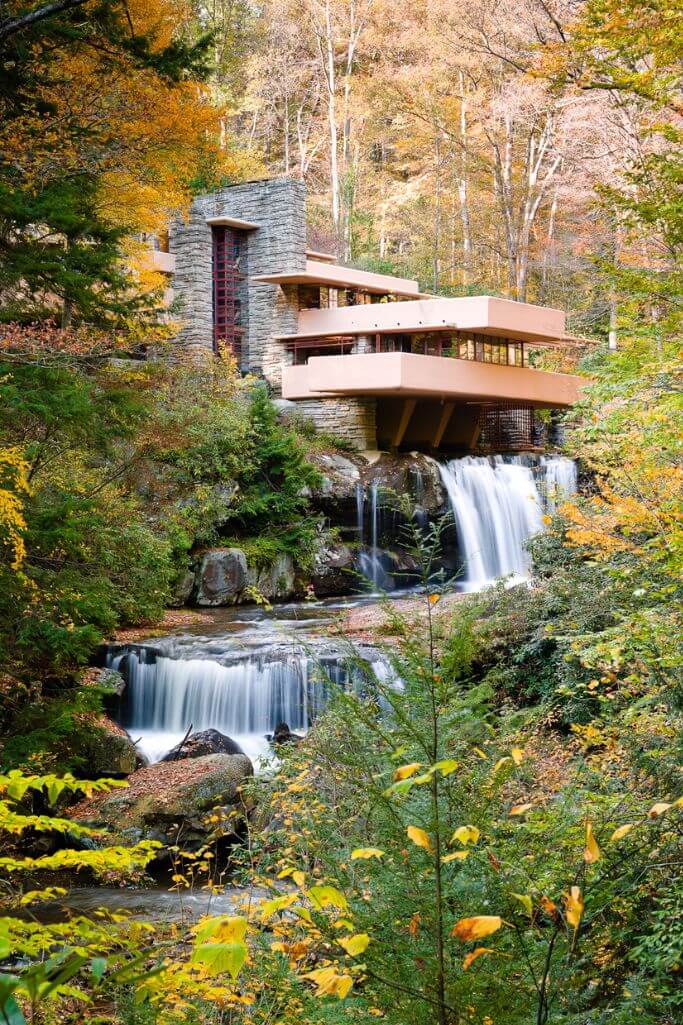 Exterior shot of Frank Lloyd Wright's Fallingwater during the fall.