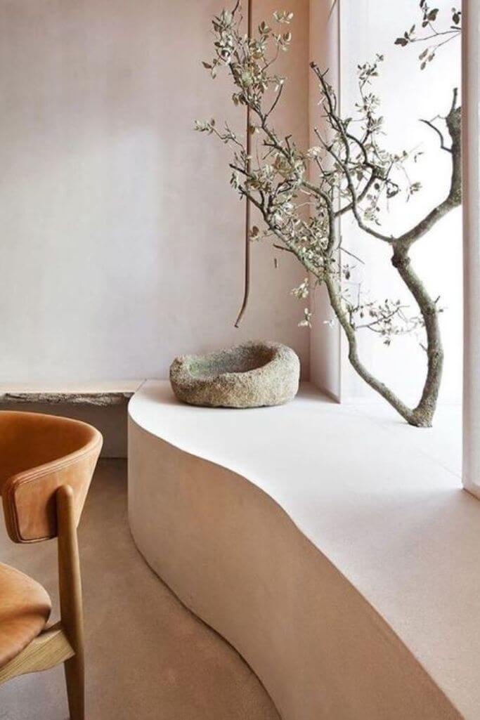 A simple interior space with off-white textured walls and an indoor tree in a window sill.