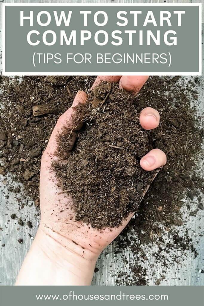 A hand holding fresh compost with text how to start composting for beginners.