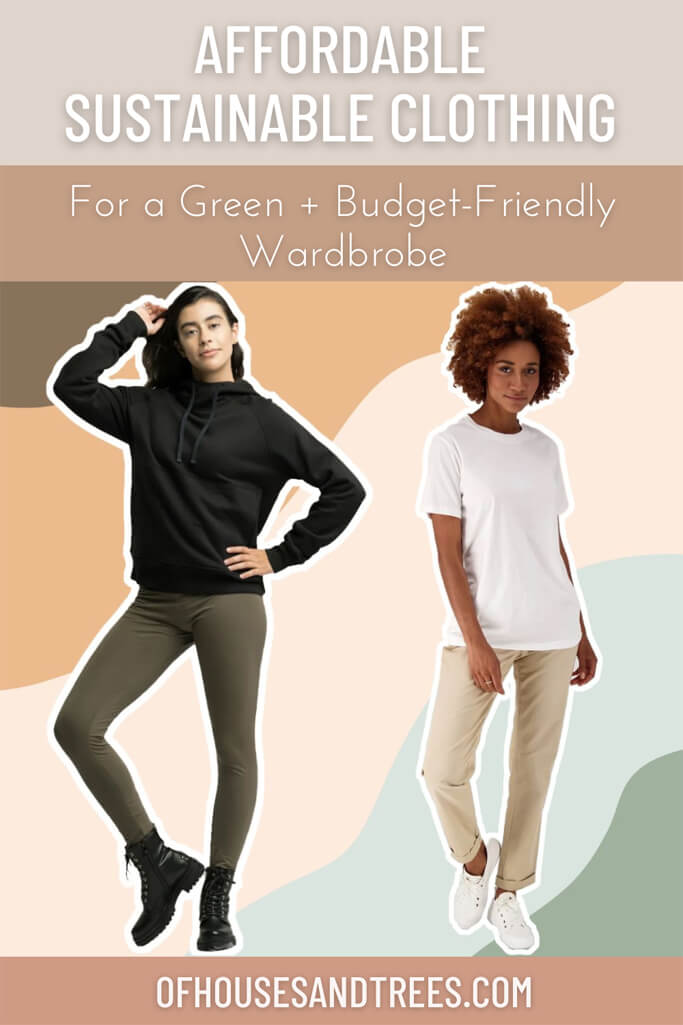 Two women wearing casual clothing on a colourful background with text affordable sustainable clothing.
