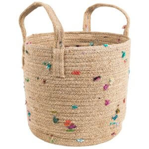 Woven basket with colourful flecks on a white background.