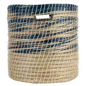 Woven basket with blue accents on a white background.