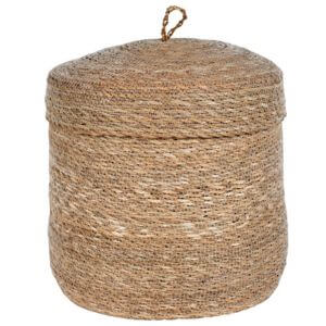 Woven basket with lid on a white background.