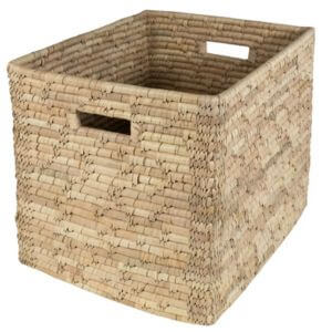 Tall rectangular woven basket on a white background.