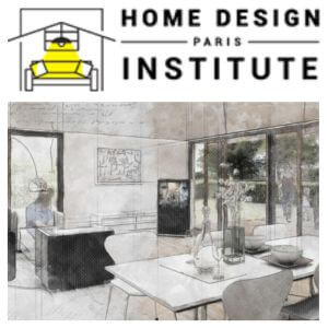 A sketch of an interior space with a logo for the Home Design Institute - Paris.