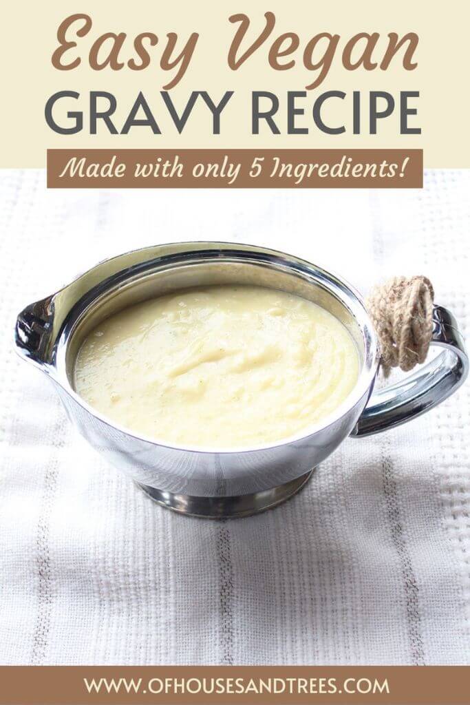 Creamy gravy in a silver gravy boat with text easy vegan gravy recipe.