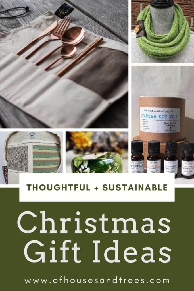 A collage of various gift ideas such as a cutlery kit, a green scarf and essential oils with text thoughtful + sustainable Christmas gift ideas.