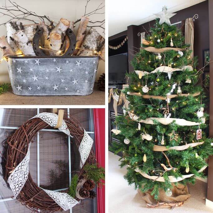 Three photos of rustic nature-inspired Christmas decor.