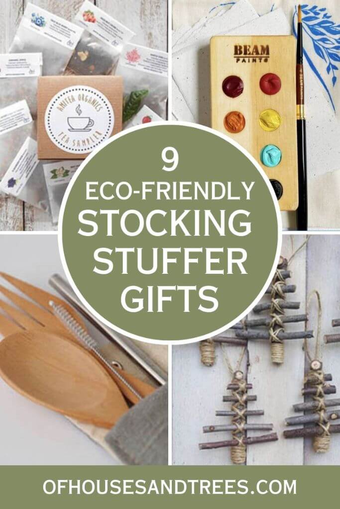 Four photos of different gift ideas with text 9 eco-friendly stocking stuffers gifts.