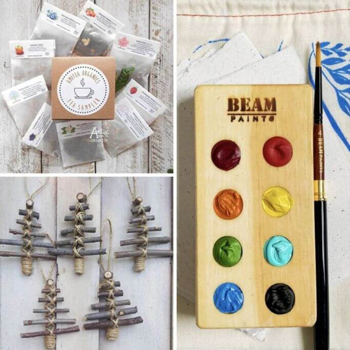 A collage of stocking stuffer gift ideas including a wooden paint palette.