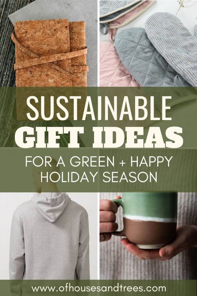 Four different gift ideas - a cork journal, linen oven mitts, a grey hoodie and a colourful mug, with text sustainable gift ideas.