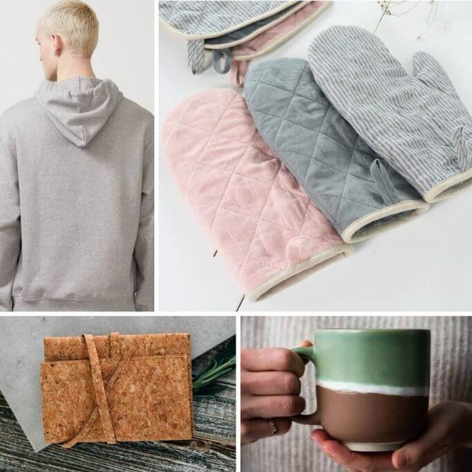 Four different gift ideas - a cork journal, linen oven mitts, a grey hoodie and a colourful mug.