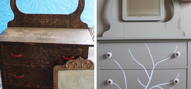 Before and after of a DIY furniture refinishing project featuring a dresser with a handpainted tree.