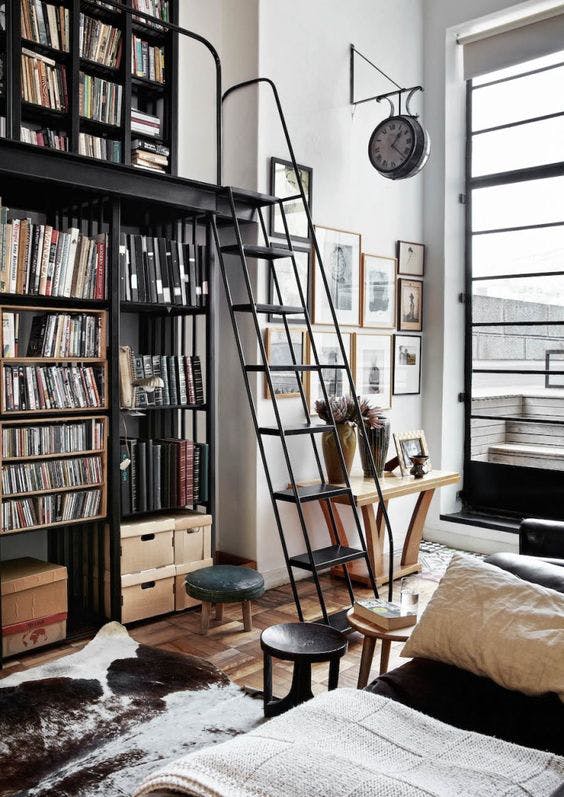 Eco-friendly lighting isn't just for modern spaces - it would also fit well in this vintage-y industrial style library. 