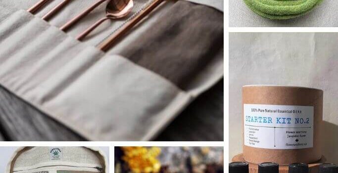 A collage of various gift ideas such as a cutlery kit, a green scarf and essential oils.