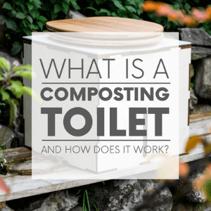 A white compost toilet in the forest with the words "what is a composting toilet and how does it work?" Click to visit post.
