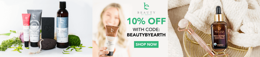 Three images side by side. One of assorted beauty products. One with a woman holding a bottle of Beauty by Earth self tanner with the words "10% off with code BEAUTYBYEARTH. Shop now." And one with a brown glass vial and a pink skin roller. Click to visit Beauty by Earth website.