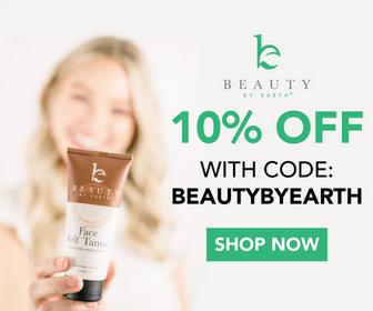 A woman holding a bottle of Beauty by Earth self tanner with the words "10% off with code BEAUTYBYEARTH. Shop now." Click to visit Beauty by Earth website.