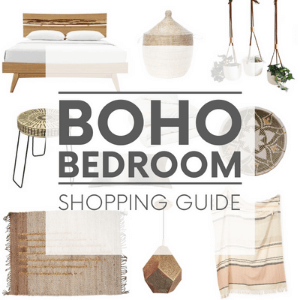 Various bohemian interior design items - such as woven furniture and hanging planters, on a white background with the words "boho bedroom shopping guide." Click to visit post.