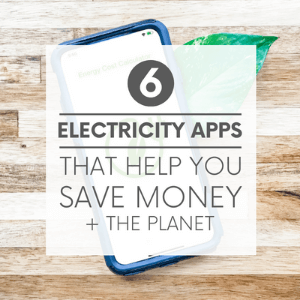A smart phone and a green leaf on a wooden background with the words "6 electricity apps that help you save money + the planet." Click to visit post.