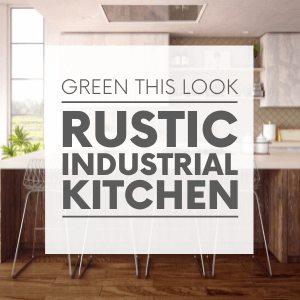 White and wood kitchen with silver barstools and the words "green this look - rustic industrial kitchen." Click to visit post.