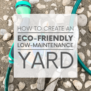 Various gardening supplies on the ground with the words "how to create an eco-friendly low-maintenance yard." Click to visit post.