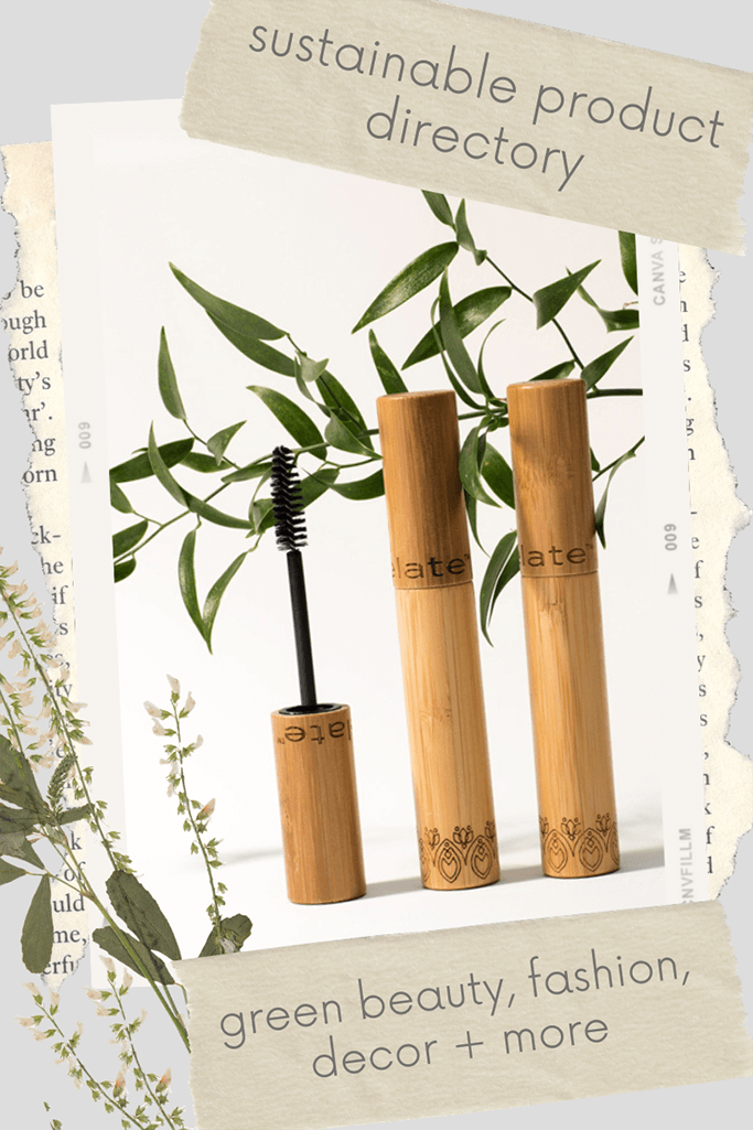 Three tubes of mascara in bamboo packaging on a background of leaves with the words "sustainable product directory - green beauty, fashion, decor + more."