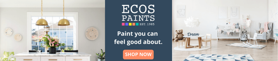 A banner with two photos of homes on it and the words "ECOS Paints. Paint you can feel good about." Click to visit ECOS website.