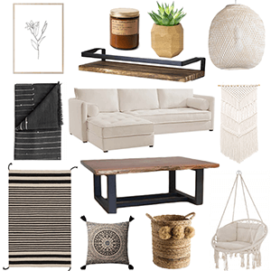 Various modern boho living room products on a white background. Click to visit post.