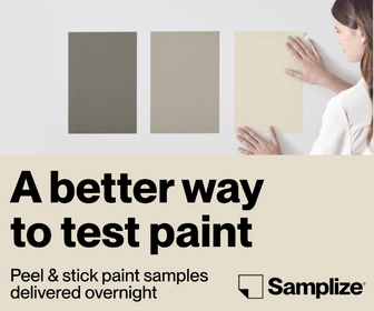 An image with a woman using peel and stick paint swatches and text a better way to test paint.
