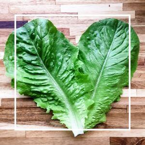 Two lettuce leaves creating a heart-shape on a wooden background.