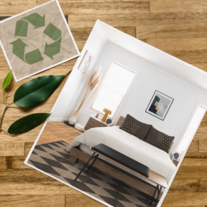 A photo of a neutral bedroom next to a photo of the recycling logo.