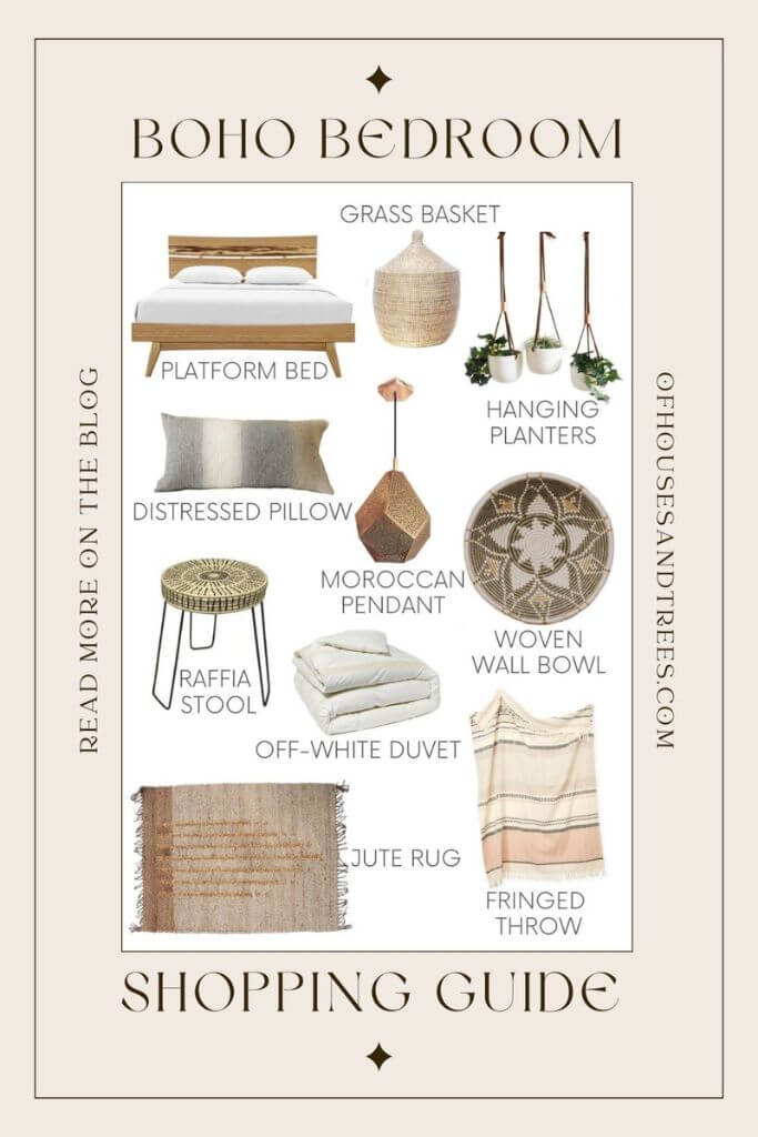 Ten different boho-inspired decor and furniture items on a white and beige background with text boho bedroom shopping guide.