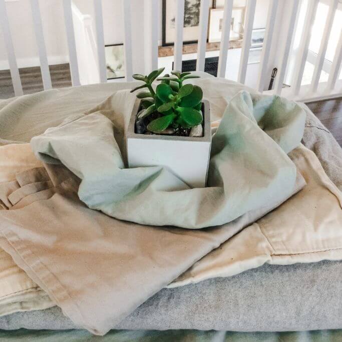 A small plant in a white pot sitting on a pile of folded bedsheets.
