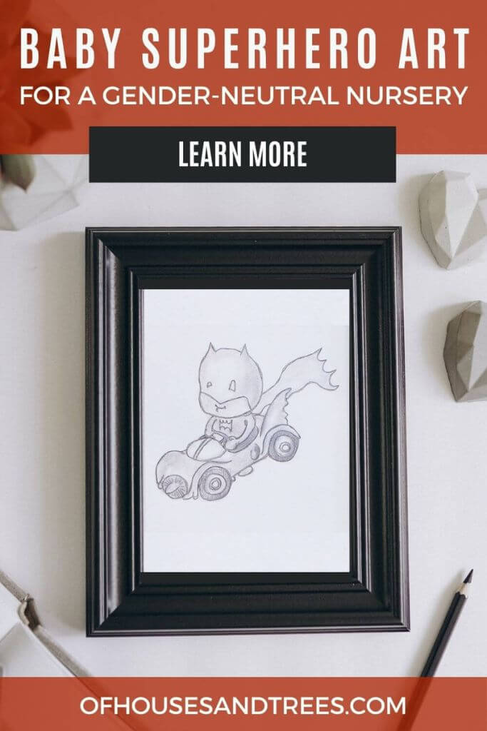 A drawing of Batman as a baby in a black picture frame with text baby superhero art.