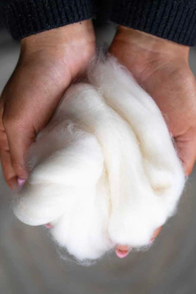 A pair of hands holding white wool.