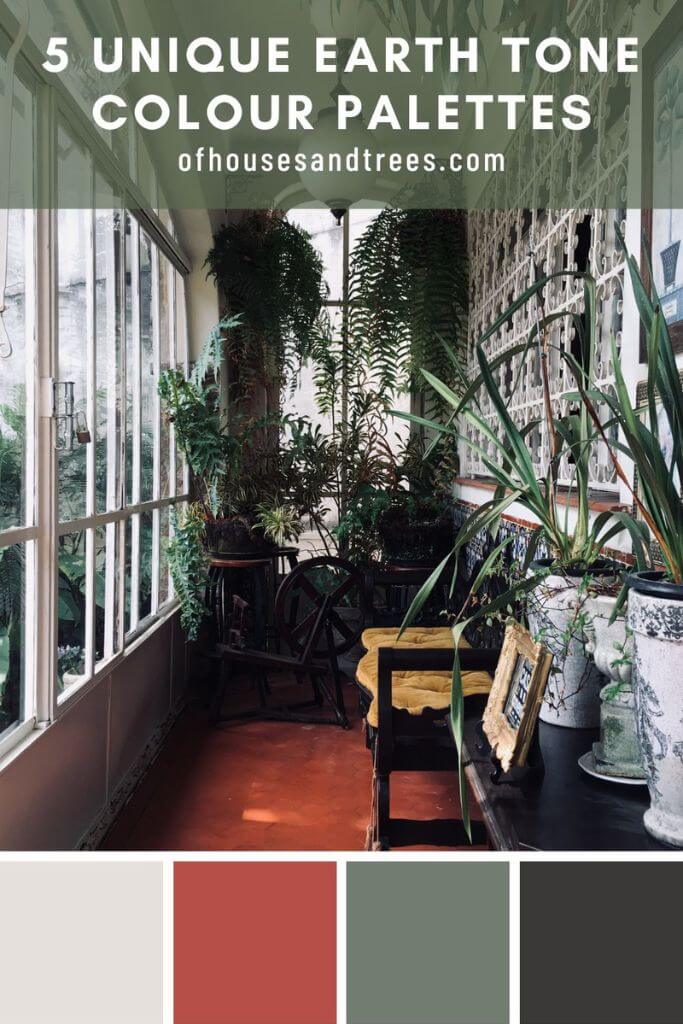 A sunroom with burnt orange flooring, dark green plants and vintage accents with text 5 unique earth tone colour palettes.