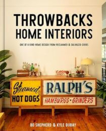 Book cover showing a console table made of reclaimed materials with text throwback home interiors.