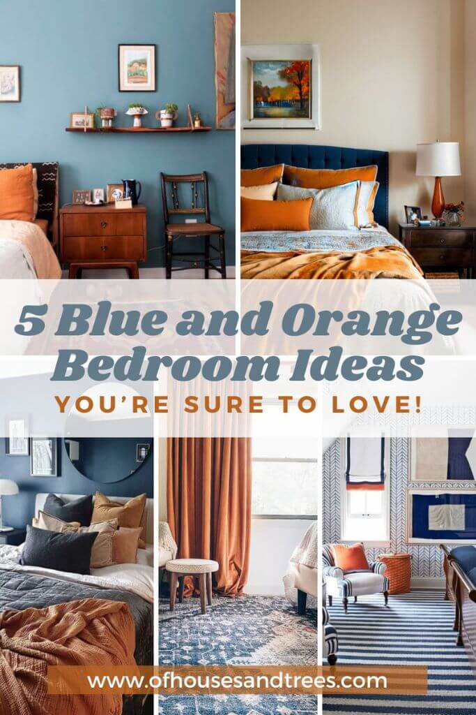 A collage with five bedrooms featuring blue and orange bedding and accessories with text 5 blue and orange bedrooms you're sure to love.